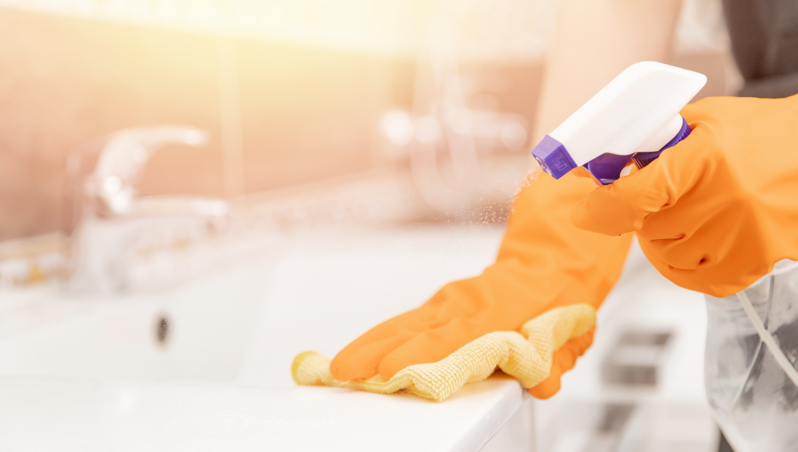 A person spraying and cleaning a sink