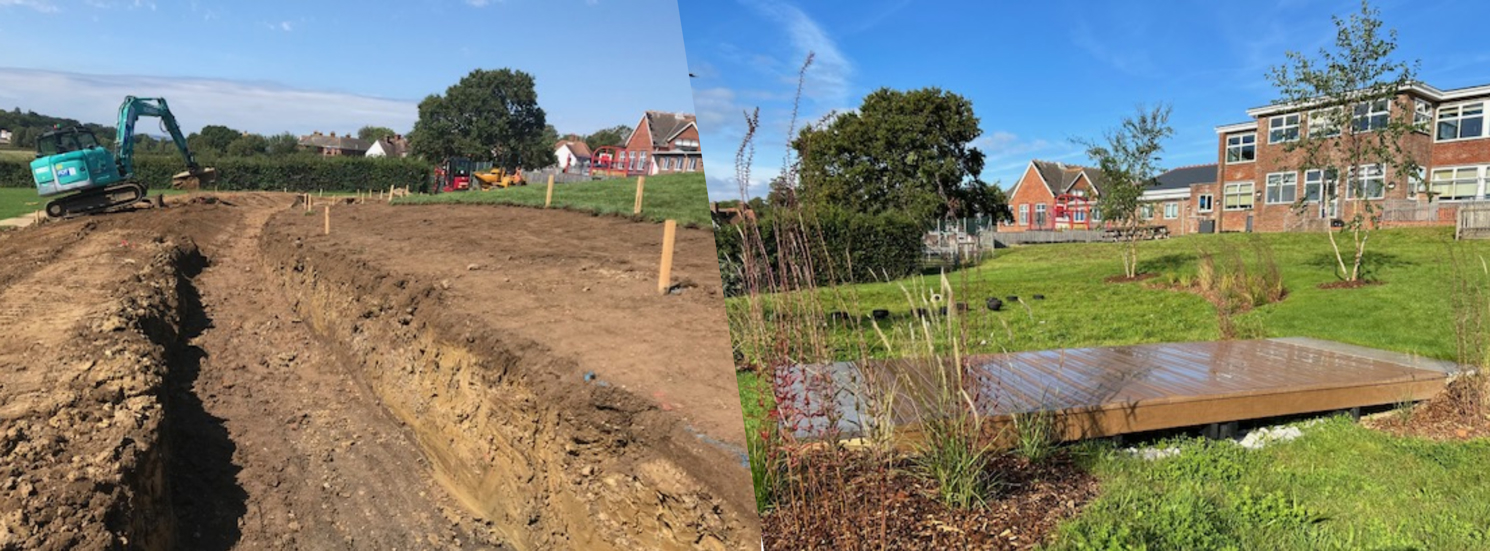 A photo of a swale being dug out, next to a photo of the completed swale