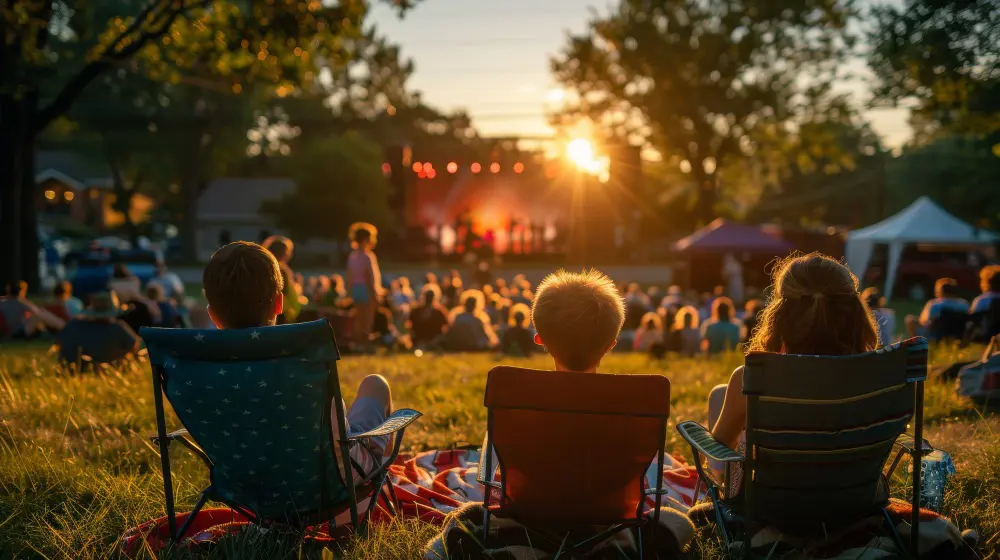 People watching local music outside at sunset 