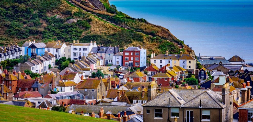 Hastings town with the sea and castle railway in the background 